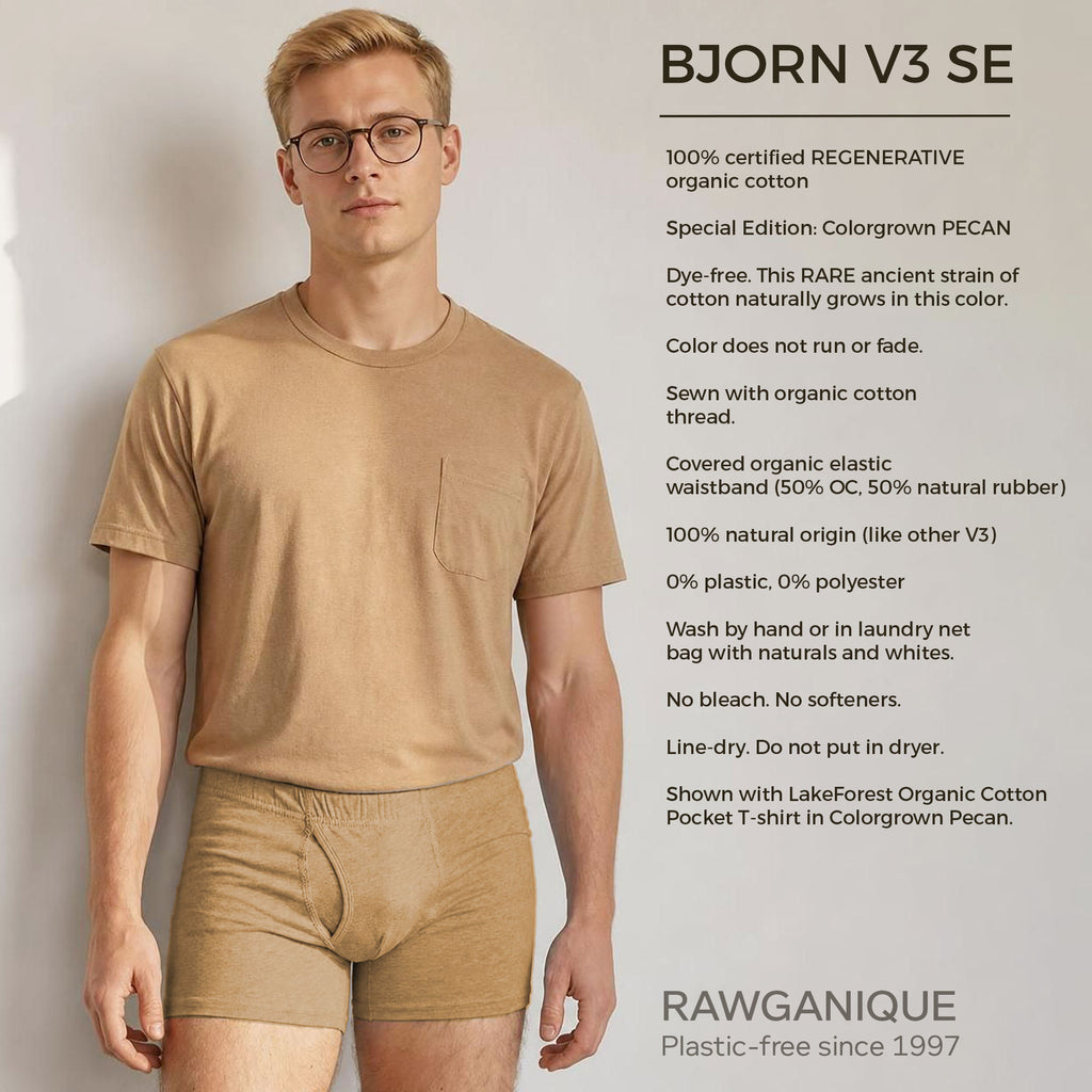 100% certified organic cotton boxer briefs no plastic no polyester dye-free colorgrown brown