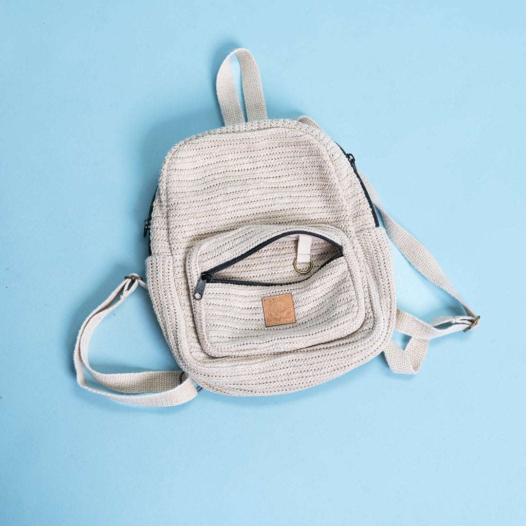 organic linen crochet mini backpack