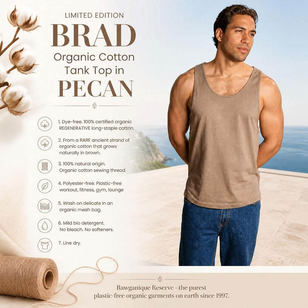 BRAD Limited Edition 100% Organic Cotton Muscle Tank Top Colorgrown Pecan (Dye-free, OC Thread, 100% Natural Origin & Biodegradable)