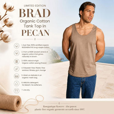 BRAD Limited Edition 100% Organic Cotton Muscle Tank Top Colorgrown Pecan (Dye-free, OC Thread, 100% Natural Origin & Biodegradable)