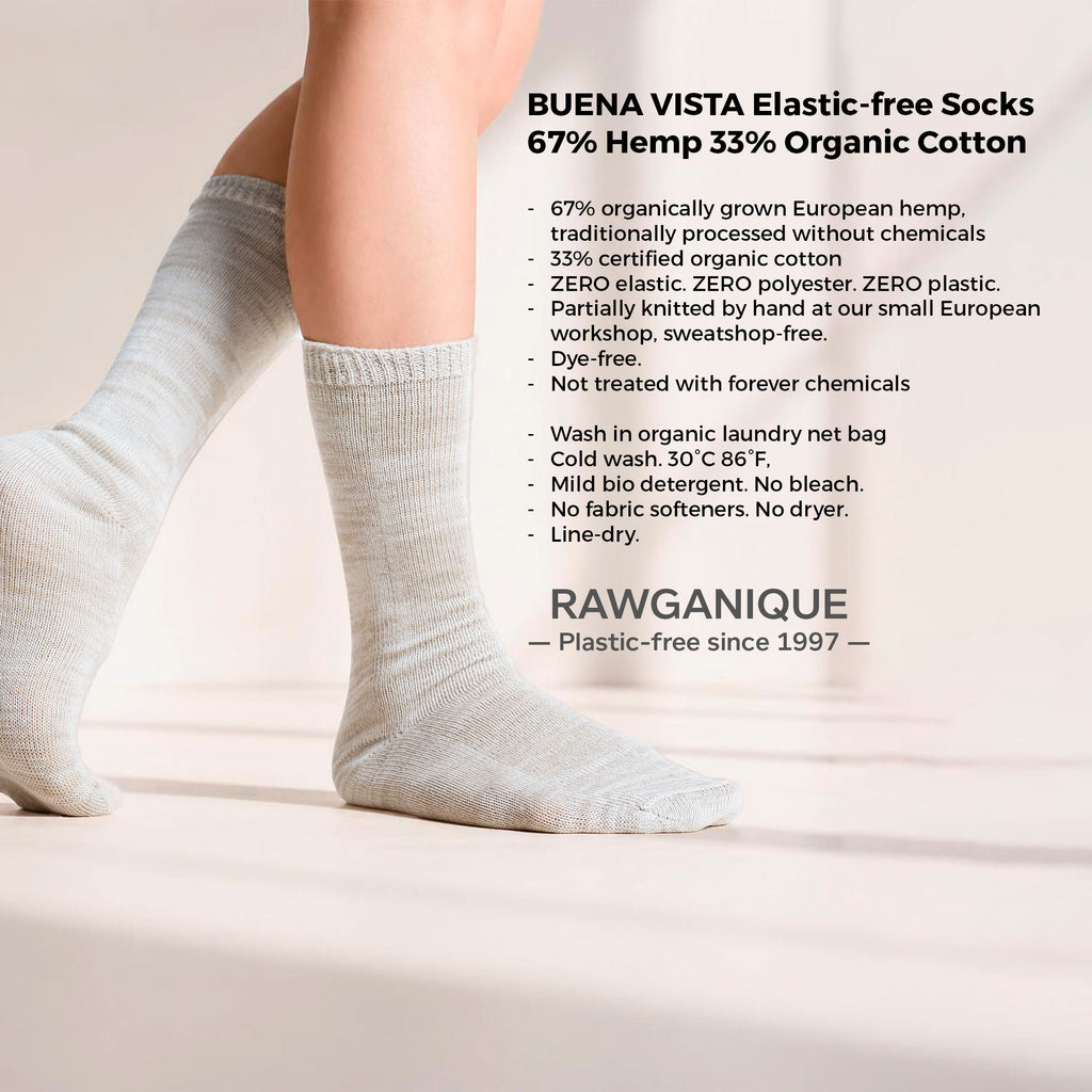 BUENA VISTA Elastic-Free 3-Ply 67% Hemp 33% Organic Cotton Crew Socks (No Polyester, No Latex, No Spandex, No Nylon, No Polyamide, No Plastic, No Synthetics) (100% Biodegradable)