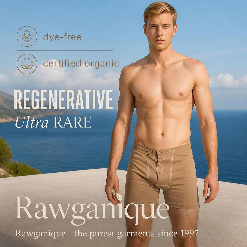 elastic-free 100% certified organic regenerative cotton boxer briefs in colorgrown brown plastic-free polyester-free dye-free