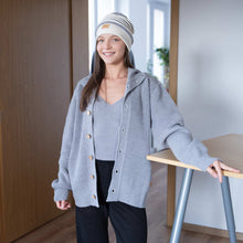 Load image into Gallery viewer, 100% organic merino cardigan with hoodie plastic-free