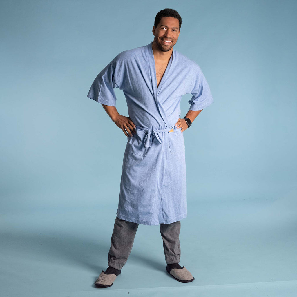 Organic cotton knit bathrobe blue