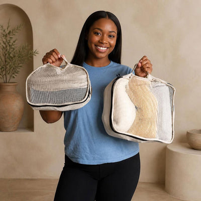 100% certified organic cotton packing cubes see-through plastic-free