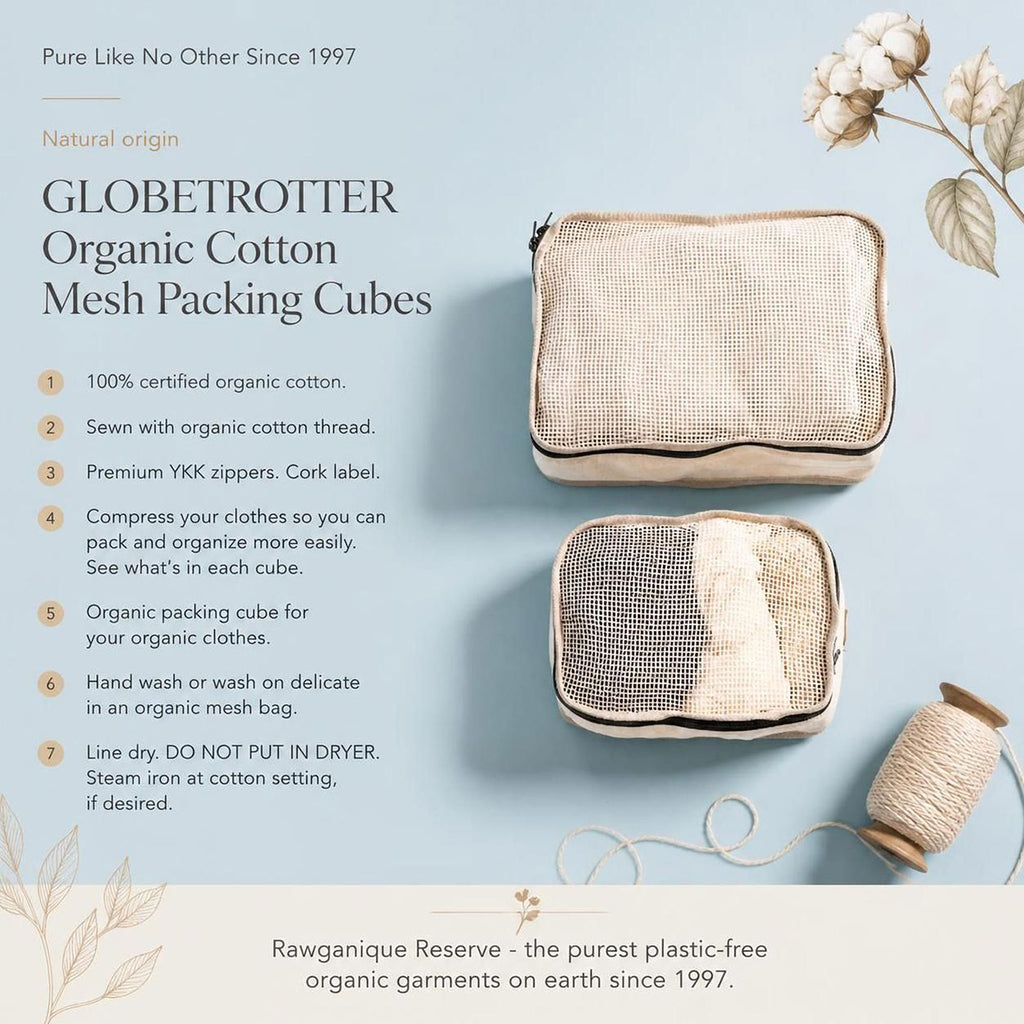 100% certified organic cotton packing cubes see-through plastic-free polyester-free