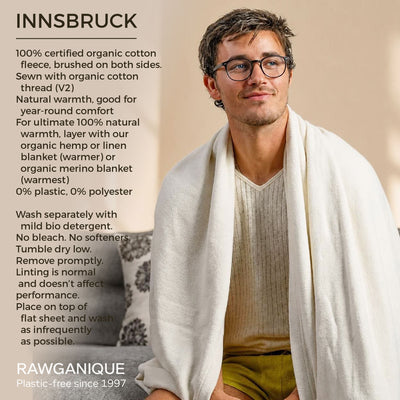 100% natural origin organic cotton fleece blanket plastic-free polyester-free