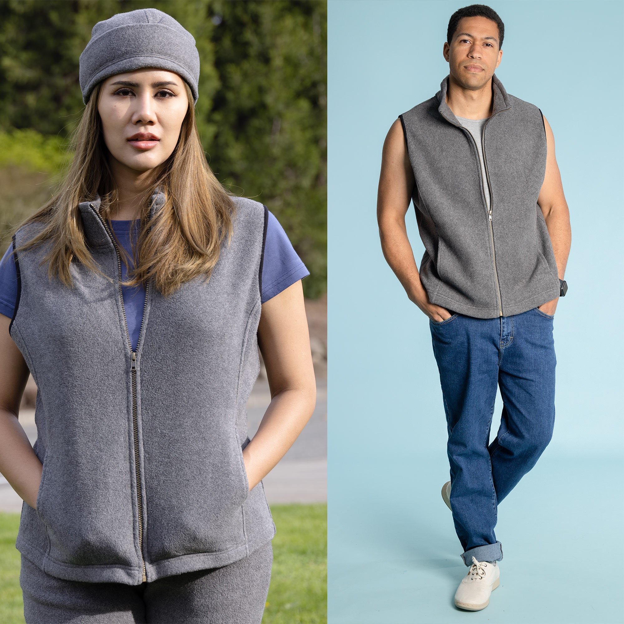 LAKE TAHOE 100% Organic Cotton Fleece Zippered Vest (2 Side Pockets, Unisex)
