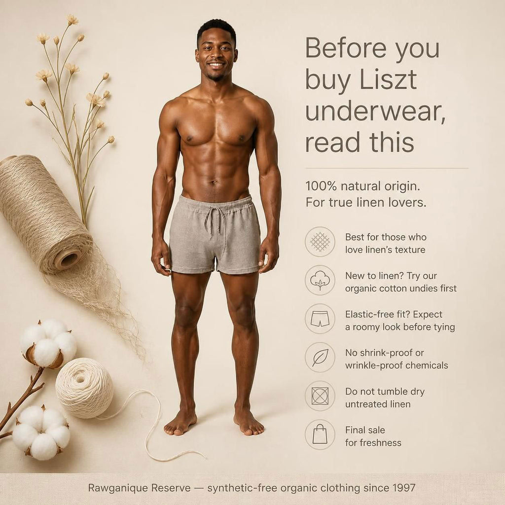 LISZT Elastic-free 100% Organic Linen Knit Boxers (OC Thread, Dye-free, No Polyester, No Latex, No Synthetics) (100% Biodegradable)