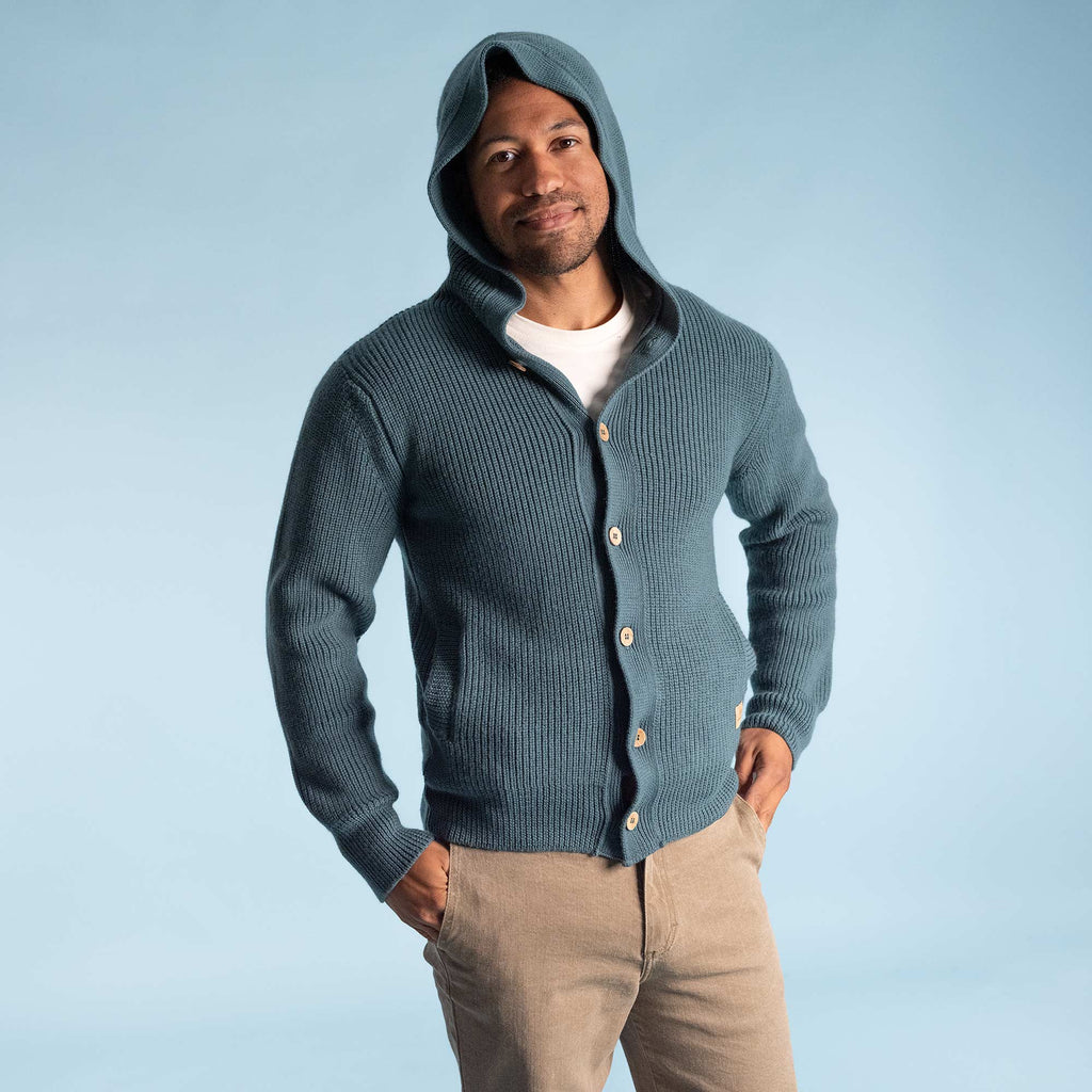 synthetic-free 100% organic merino wool cardigan sweater with hood