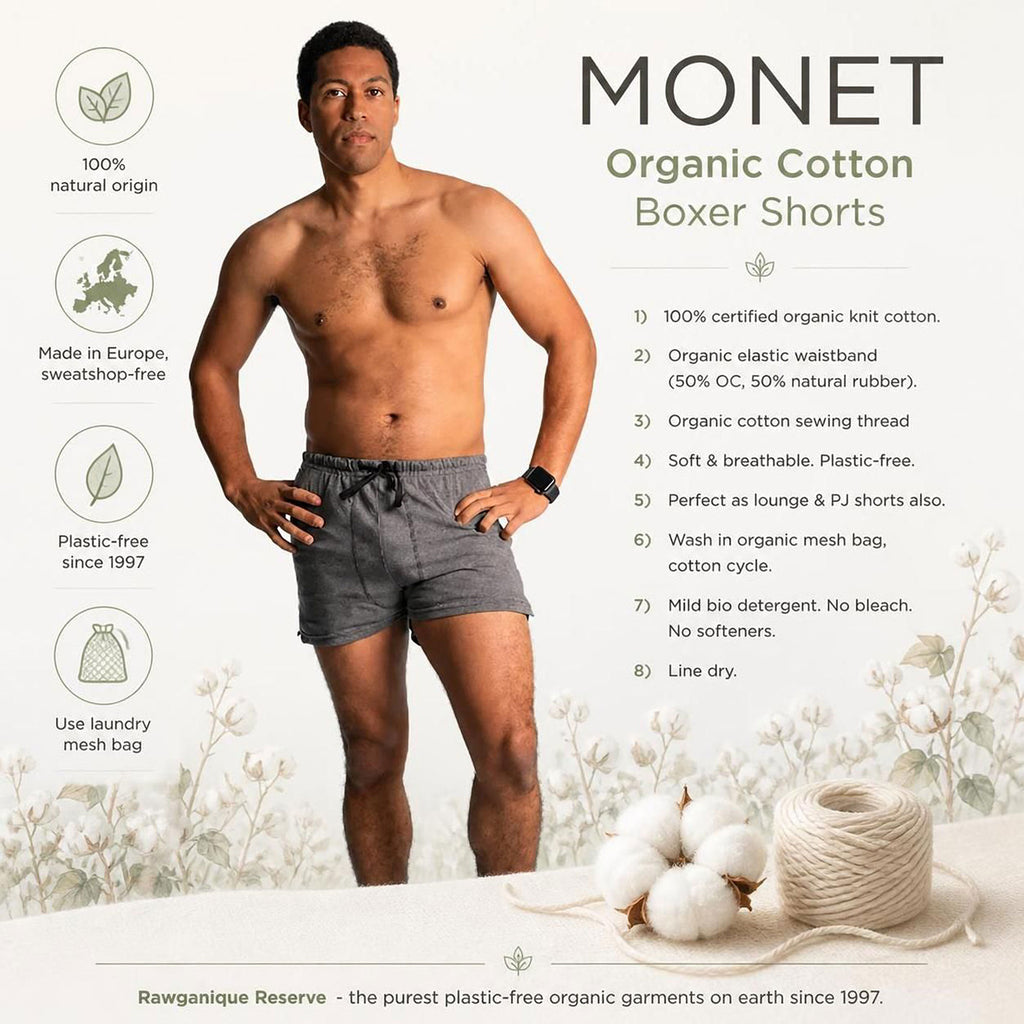 plastic-free 100% certified organic cotton boxer shorts polyester-free