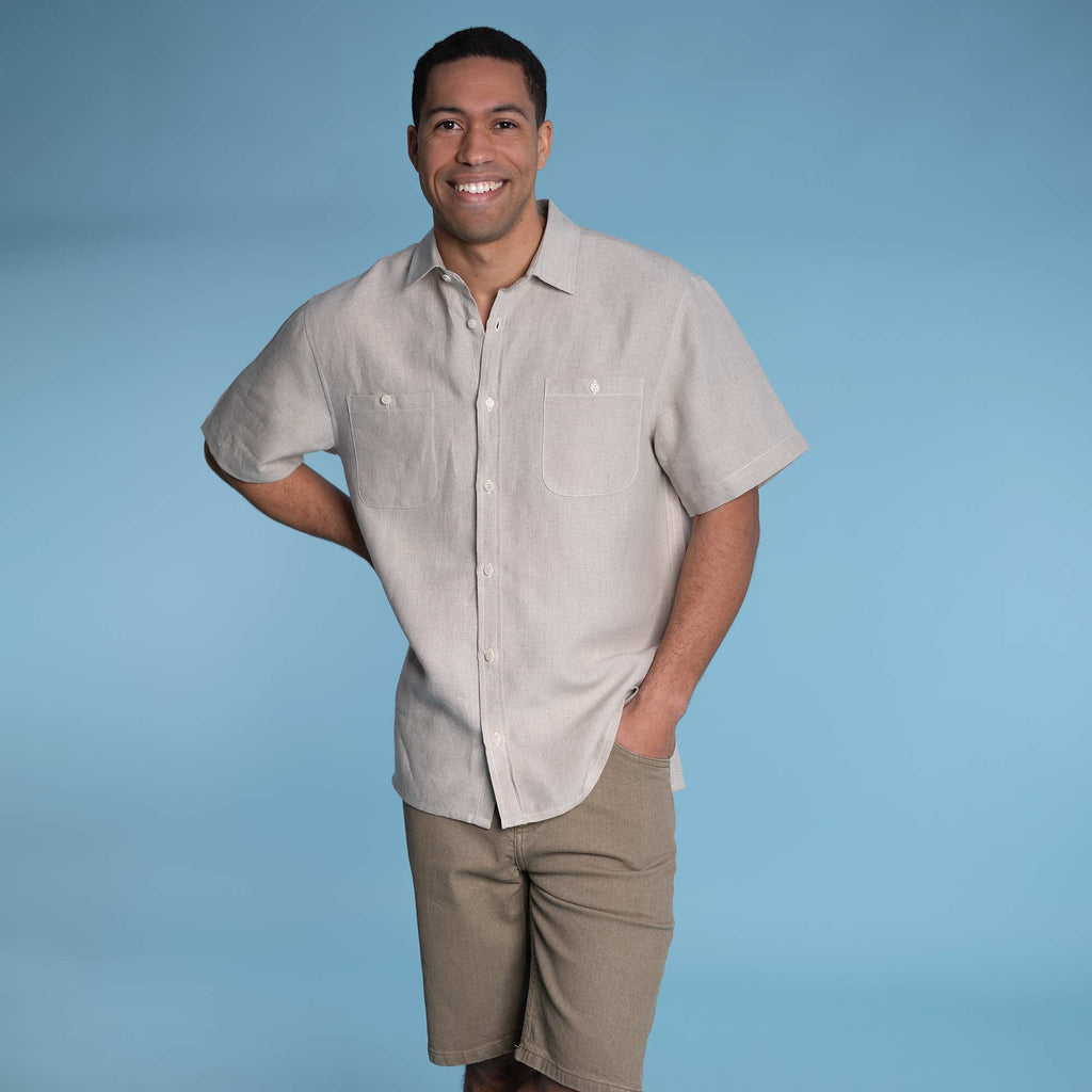 organic linen button down shirt short sleeves