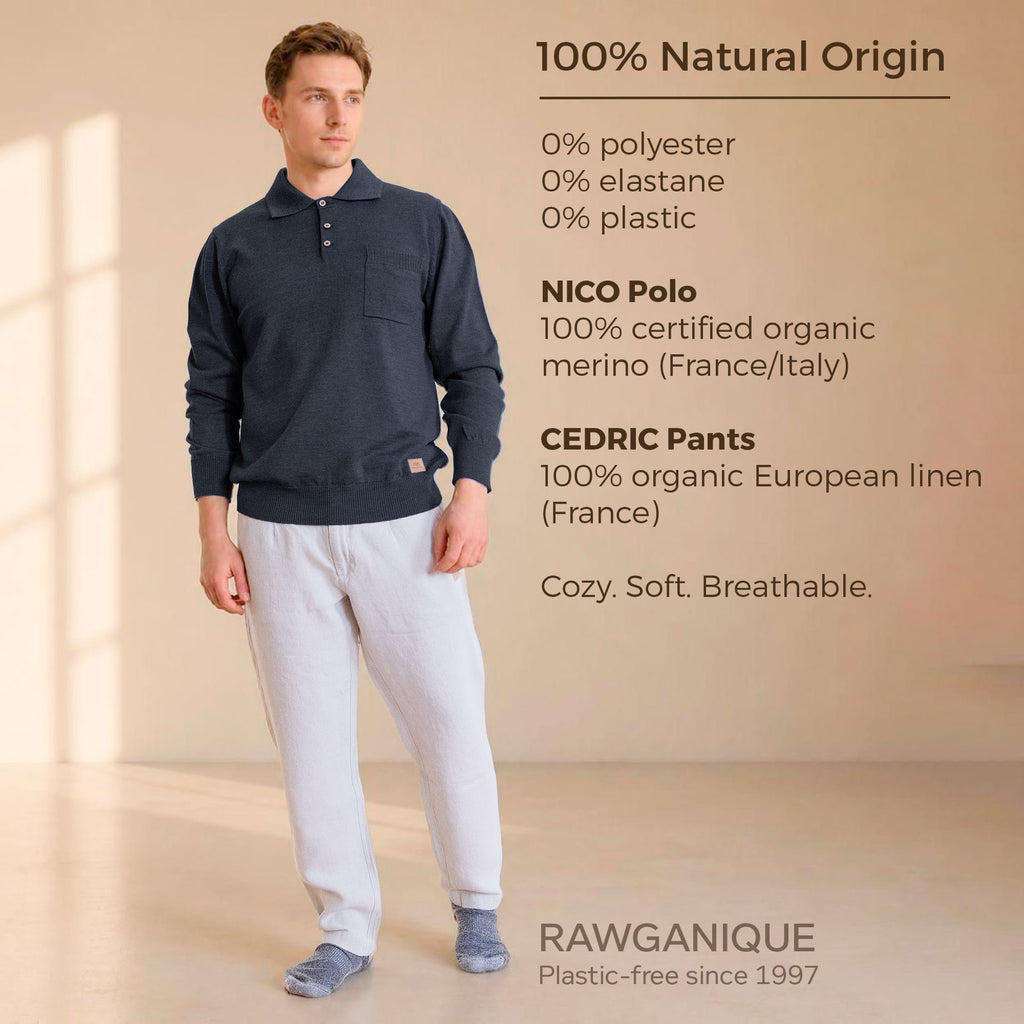 100% certified organic merino long-sleeve knit polo shirt