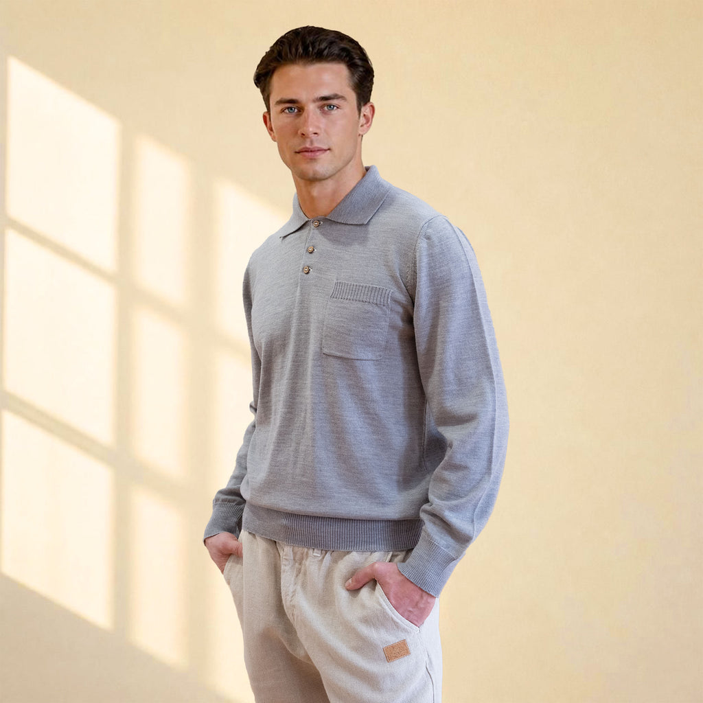 NICO 100% Organic Merino Wool Long-Sleeve Polo Shirt (OC Thread, No Polyester, No Elastic, Plastic-free, No Synthetics) (100% Biodegradable)