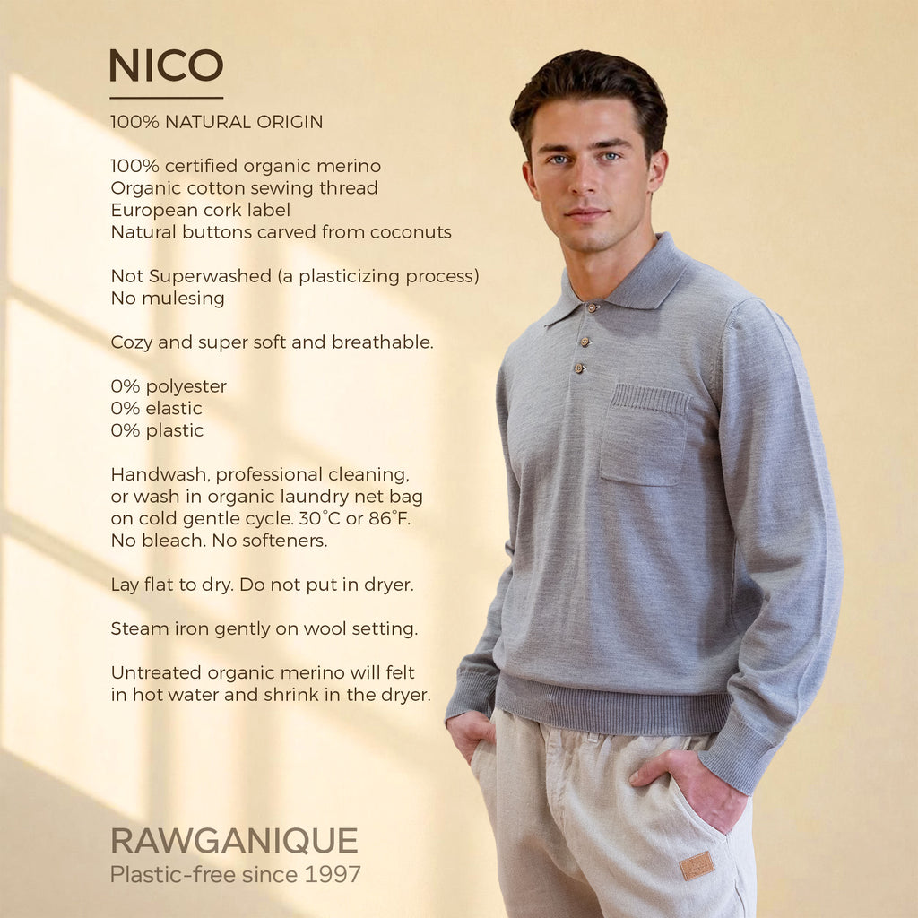 NICO 100% Organic Merino Wool Long-Sleeve Polo Shirt (OC Thread, No Polyester, No Elastic, Plastic-free, No Synthetics) (100% Biodegradable)