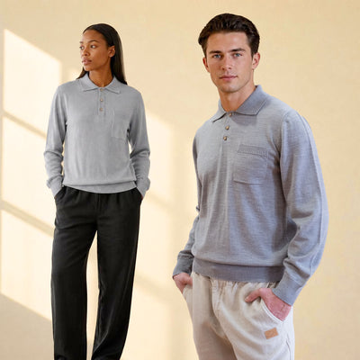 NICO 100% Organic Merino Wool Long-Sleeve Polo Shirt (OC Thread, No Polyester, No Elastic, Plastic-free, No Synthetics) (100% Biodegradable)