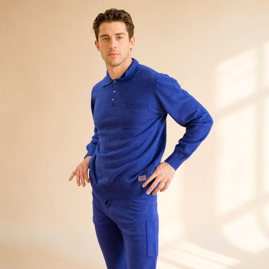 100% organic merino wool knit polo shirt long-sleeves plastic-free