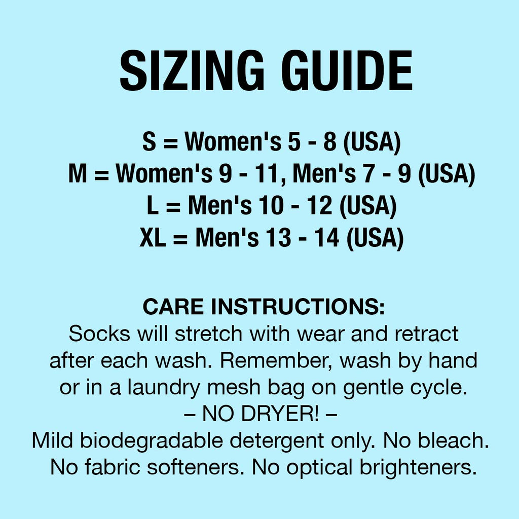 Sizing guide and care instructions for organic merino wool socks