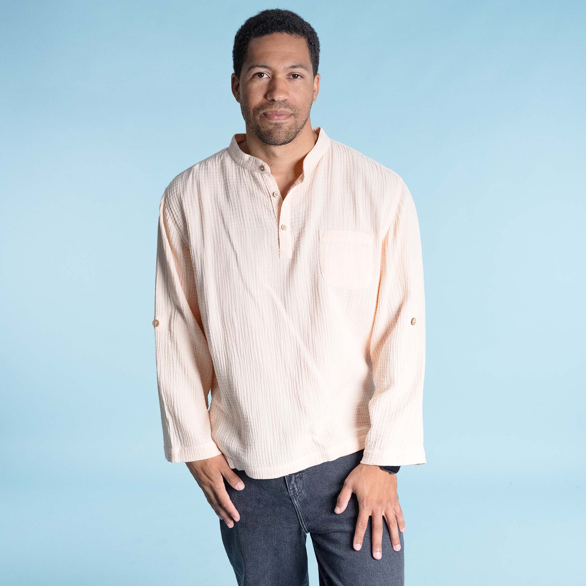 100% Organic Cotton Long-Sleeve Muslin Shirt (Unisex; Coconut Buttons) –  Rawganique