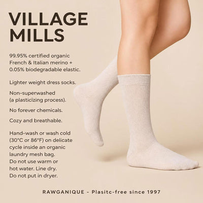 VILLAGEMILLS 2-Ply 99.95% Organic Merino Wool Dress Socks (0.05% Bio Elastic) (Lighter Finer Weight, Certified Organic, Not Superwashed) (100% Biodegradable)
