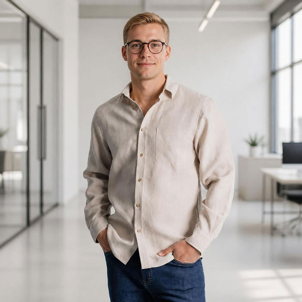plastic-free organic linen dress shirt with pocket